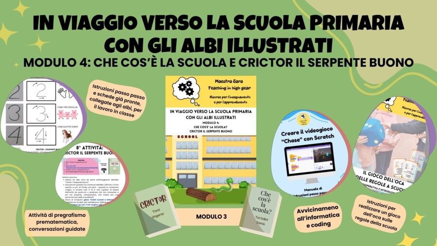 Modulo 4 di "In viaggio verso la scuola primaria con gli albi illustrati": "Che cos'è la scuola?" e "Crictor, il serpente buono"