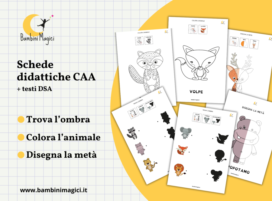 Schede CAA: Trova l'ombra - Colora l'animale - Disegna la metà