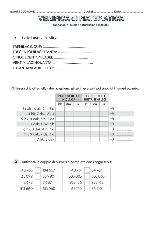 VERIFICA GRANDI NUMERI CLASSE QUARTA 40 ITEMS