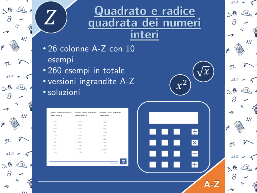 Quadrato e radice quadrata dei numeri interi | matematica | 26 colonne