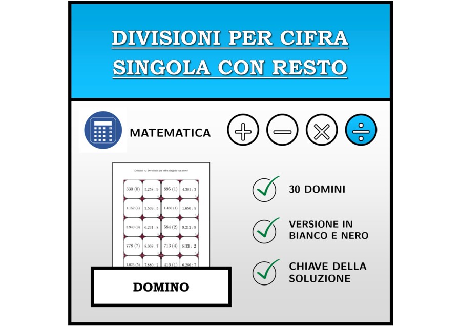 Domino - Divisioni per cifra singola con resto | Attività Matematica