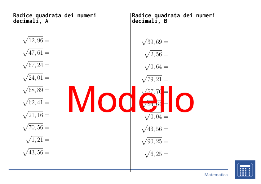 Radice quadrata dei numeri decimali | matematica | 26 colonne