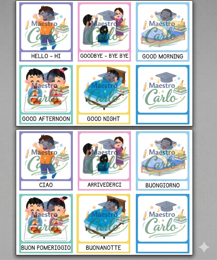Flash Cards Inglese sui Saluti per Bambini – Materiale Didattico Primaria, Colorato e Pronto all’Uso