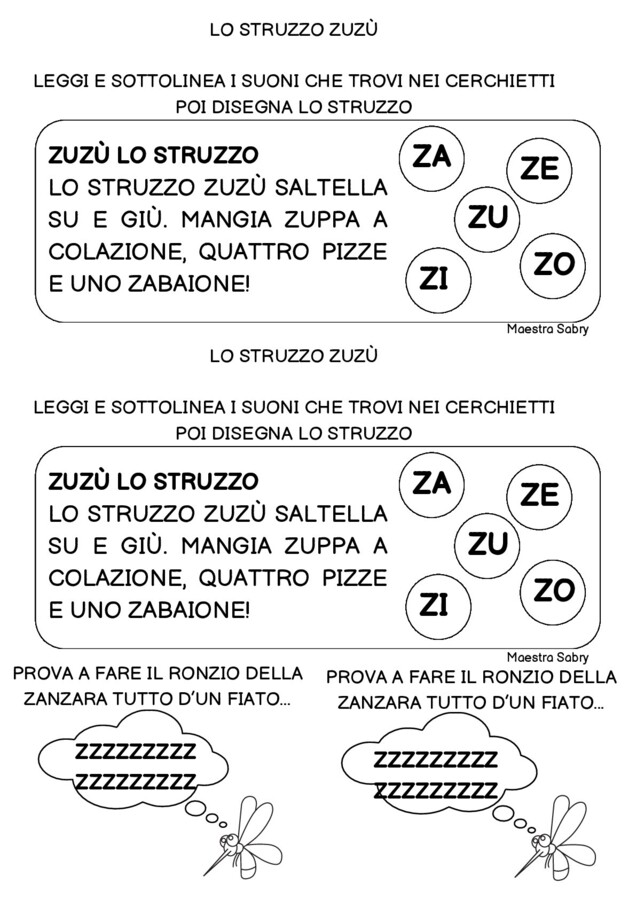 SCHEDE DI CONSOLIDAMENTO SULLA CONSONANTE Z E PICCOLE LETTURE