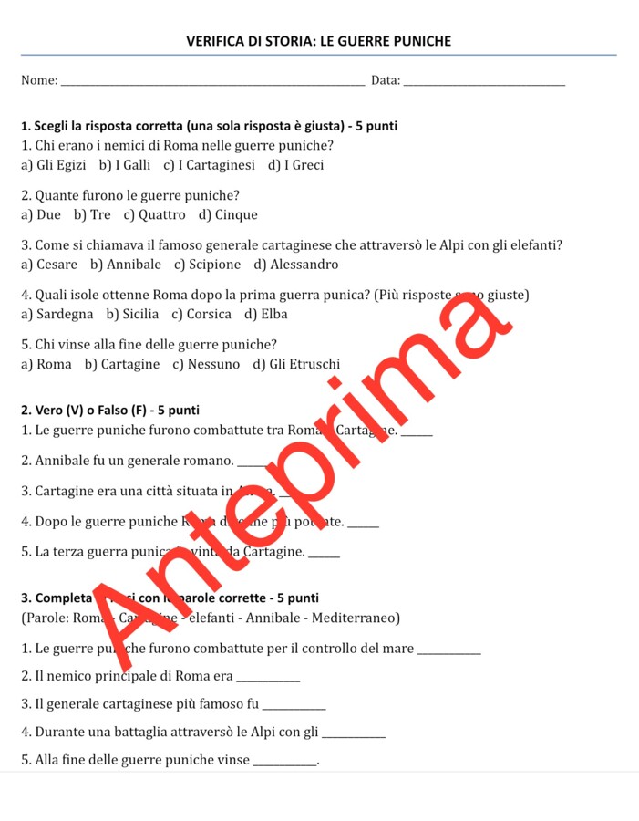 Verifica sulle guerre puniche e l’esercito dei Romani