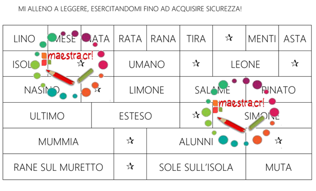 Prime schede di lettura di sillabe e parole (LMNSTR)