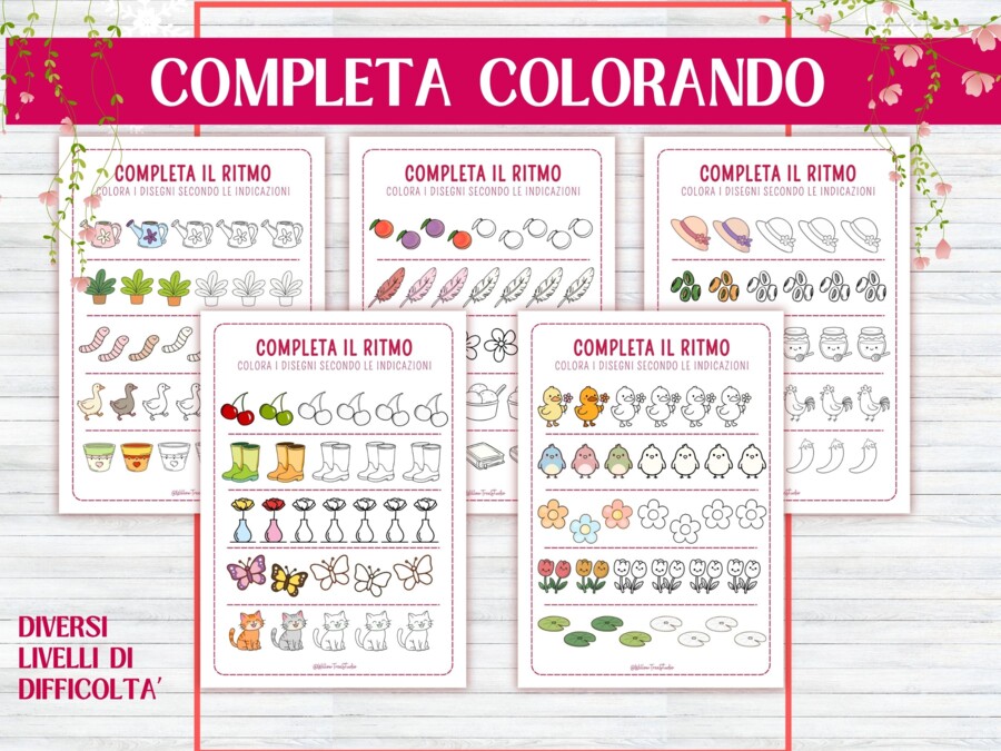 Pacchetto di attività di logica primaverili - bambini 4-6 anni - infanzia e primaria - early algebra - completa il ritmo - bellissimi disegni della primavera - no prep
