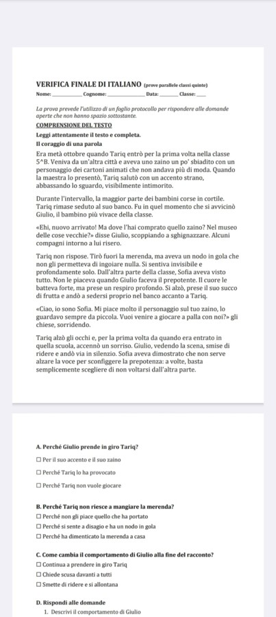 VERIFICA FINALE ITALIANO PROVE PARALLELE CLASSE QUINTA