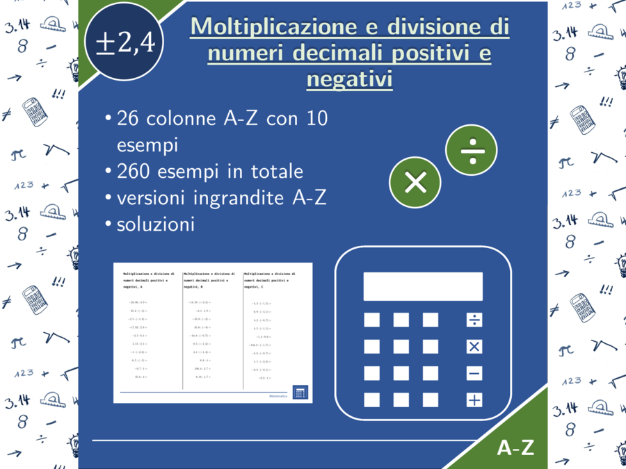 Moltiplicazione e divisione di numeri decimali positivi e negativi | matematica | 26 colonne