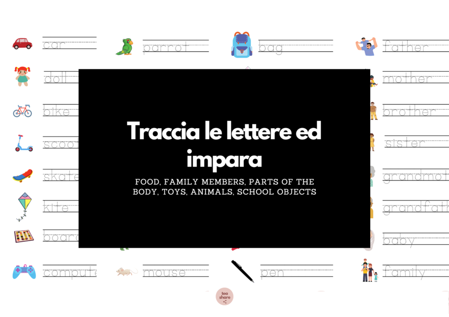 Traccia le lettere ed impara, vocabolario per bambini