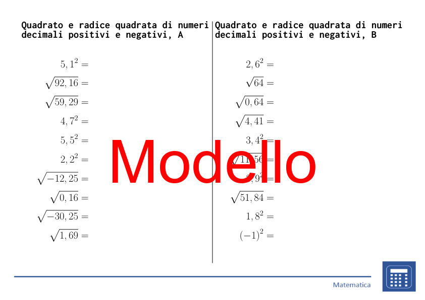 Quadrato e radice quadrata di numeri decimali positivi e negativi | matematica | 26 colonne