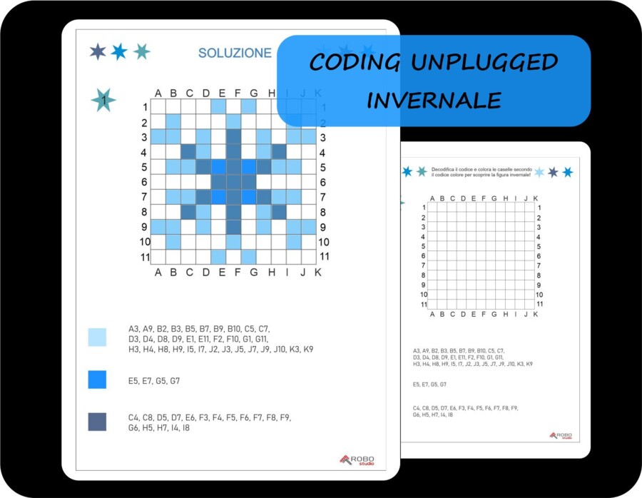 Coding unplugged invernale, codifica e colora, fiocco di neve, inverno (livello facile)