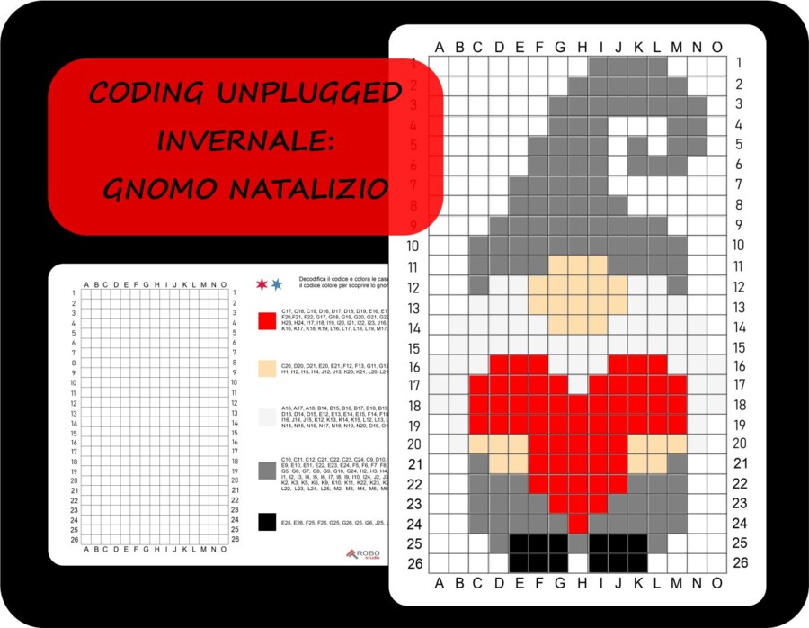 Coding unplugged invernale, codifica e colora, gnomo natalizio, inverno (livello difficile)