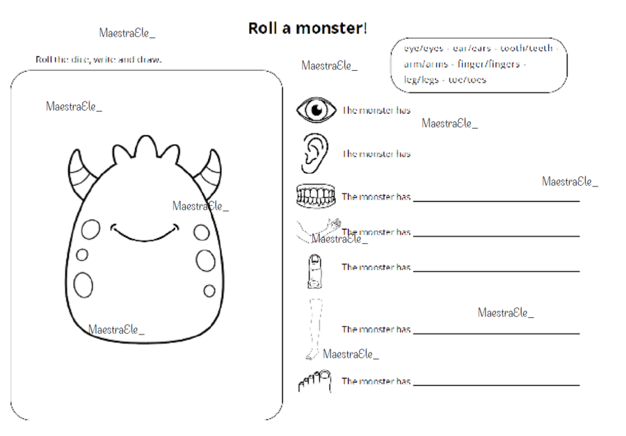 Roll a monster - body parts (parti del corpo in inglese)