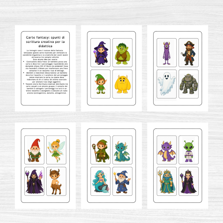 Flashcards con personaggi fantasy da descrivere sul quaderno