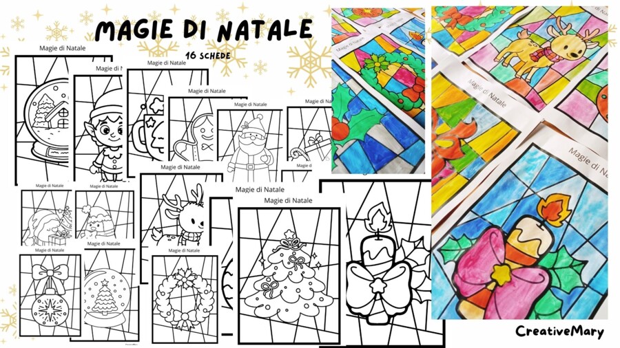 Magie di Natale – 16 Schede vetrata da colorare