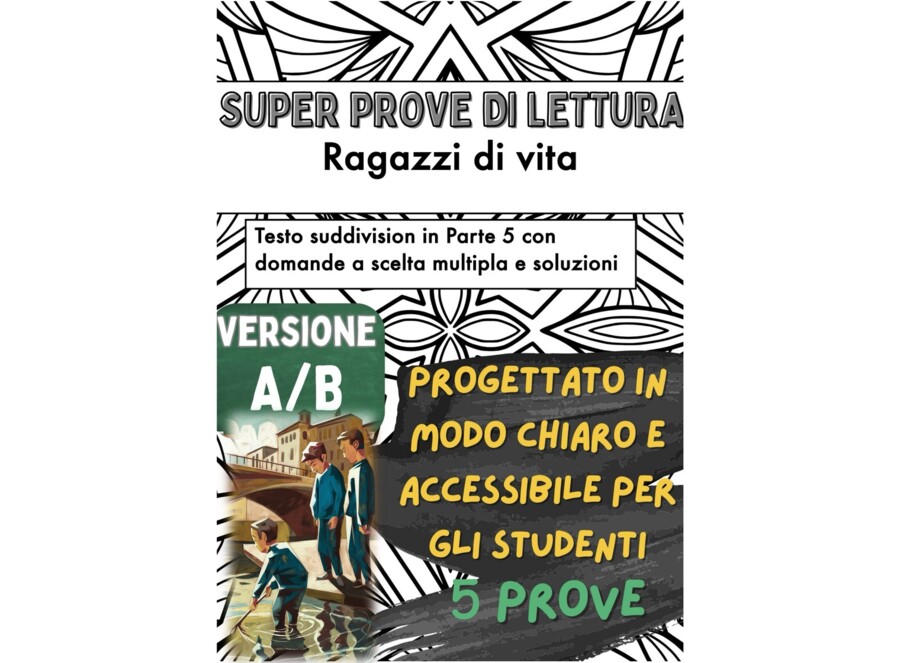 📘🚶‍♂️ 5x Test di lettura su «Ragazzi di vita» di Pier Paolo Pasolini ✨ (Versione A/B – per capitoli, in classe)