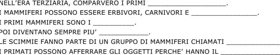 Verifica di storia/ Esercizi di ripasso: ERA TERZIARIA, mammiferi, primati, ominidi, australopitechi.