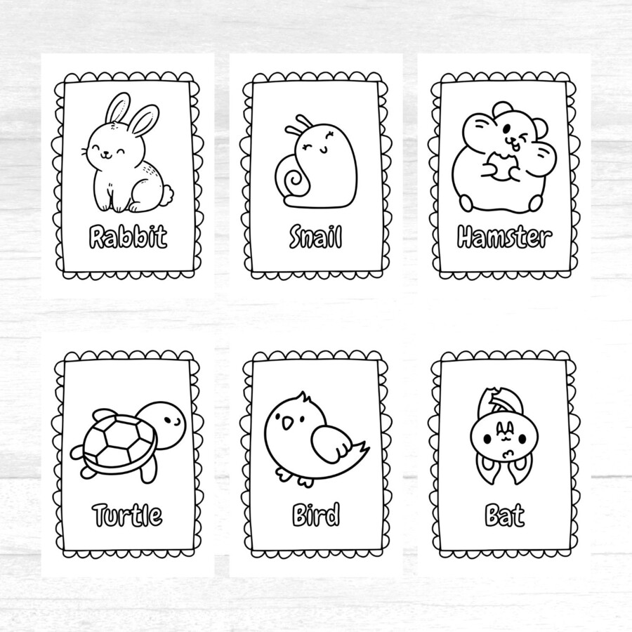 Disegni kawaii sugli animali da colorare (con parole in inglese)