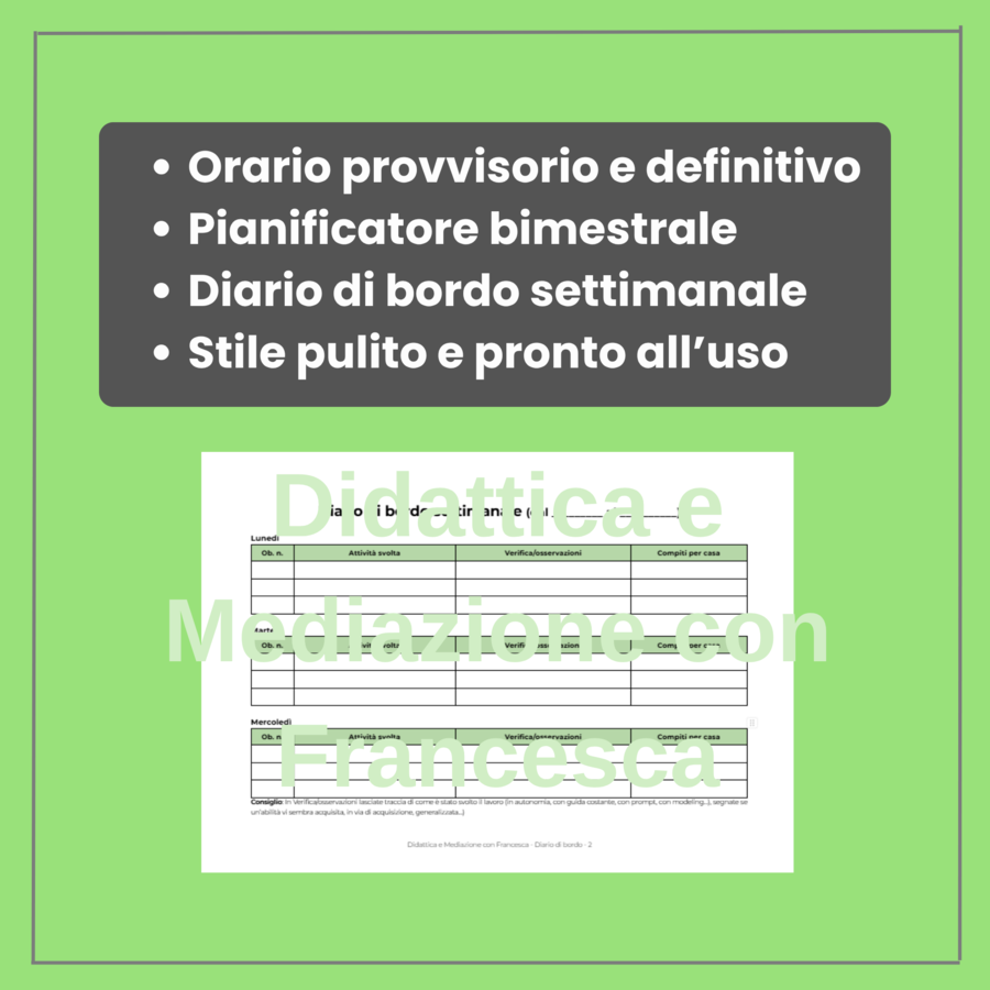 Modulo 4: Orario Scolastico, Pianificatore Obiettivi e Diario di Bordo Settimanale | Registro Sostegno Editabile