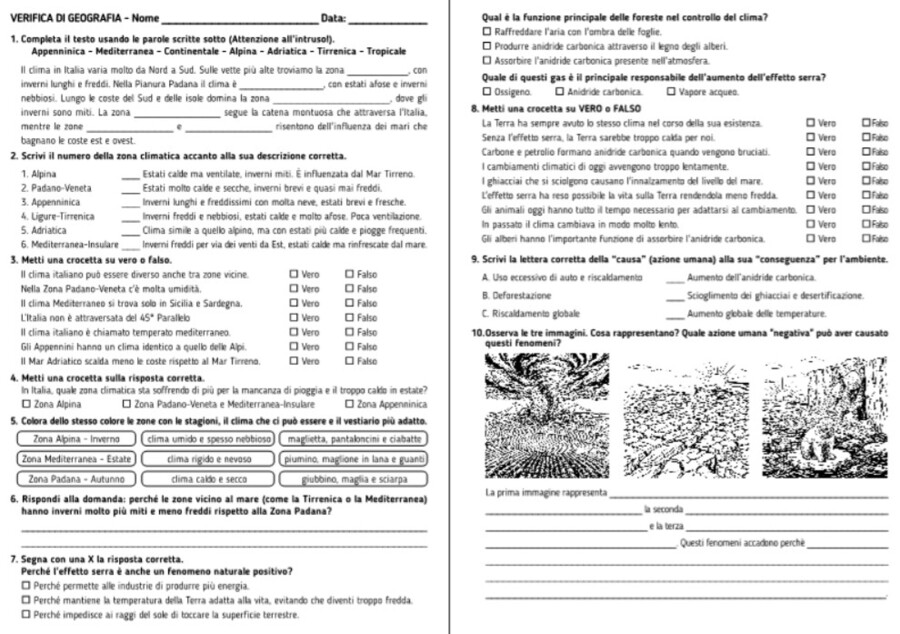 VERIFICA DI GEOGRAFIA ZONE CLIMATICHE ITALIANE E CAMBIAMENTO CLIMATICO - CLASSE QUARTA - SCUOLA PRIMARIA