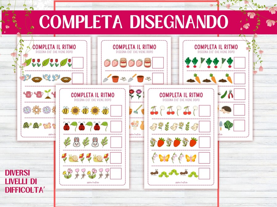Pacchetto di attività di logica primaverili - bambini 4-6 anni - infanzia e primaria - early algebra - completa il ritmo - bellissimi disegni della primavera - no prep