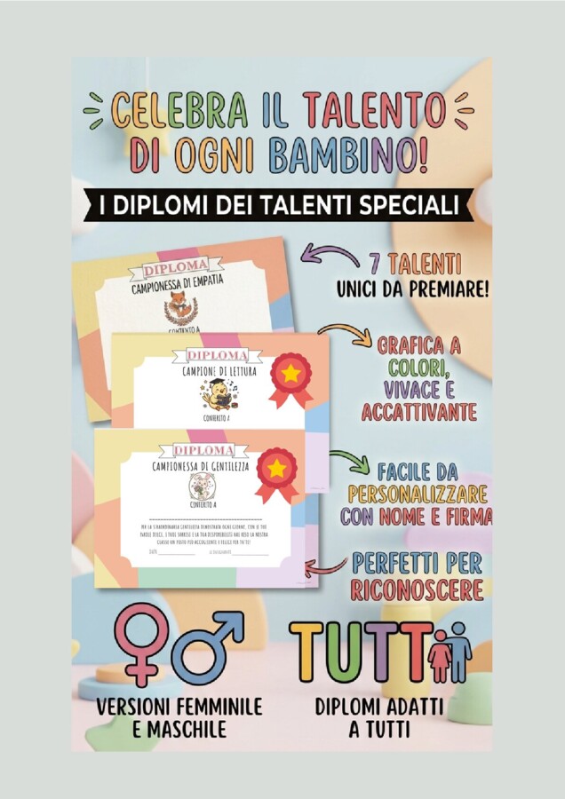 14 DIPLOMI FINE ANNO colorati - kit inclusivo Maestra Jessi