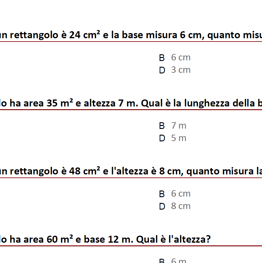 50 esercizi sull'area del quadrato e del rettangolo - formule inverse