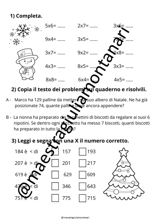 Compiti Natale matematica classe terza