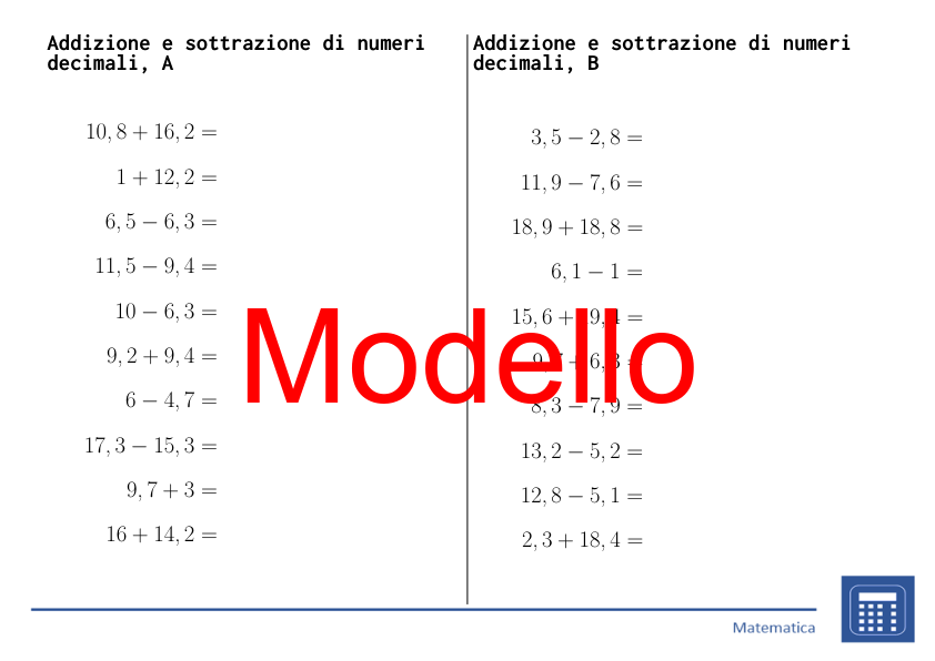 Addizione e sottrazione di numeri decimali | matematica | 26 colonne