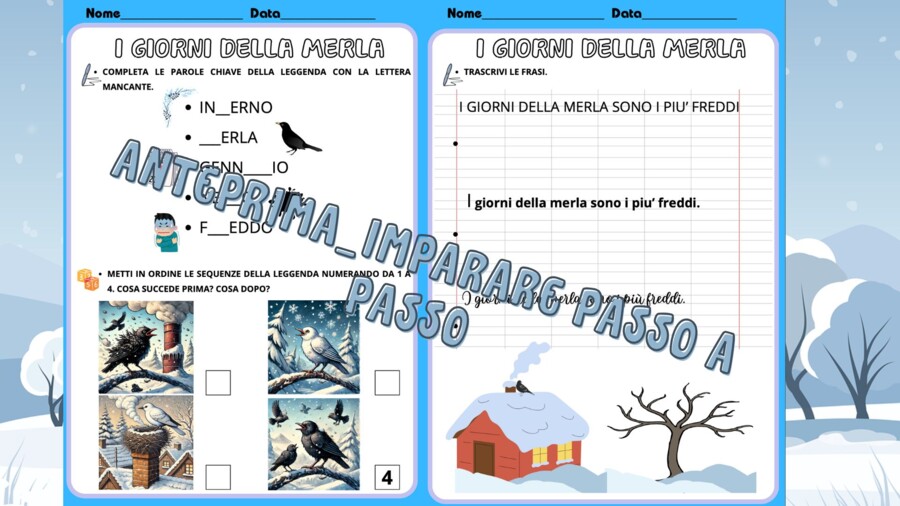 I GIORNI DELLA MERLA_pacchetto schede didattiche dalla prima alla quinta elementare (gennaio)