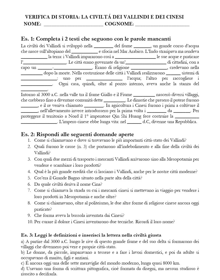 VERIFICA FINALE SULLA CIVILTA' DEGLI INDO E SULLA CIVILTA' CINESE.