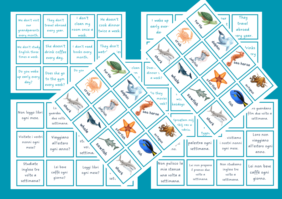 Present Simple / Gioco linguistico di traduzione – Animali marini (Inglese–Italiano)
