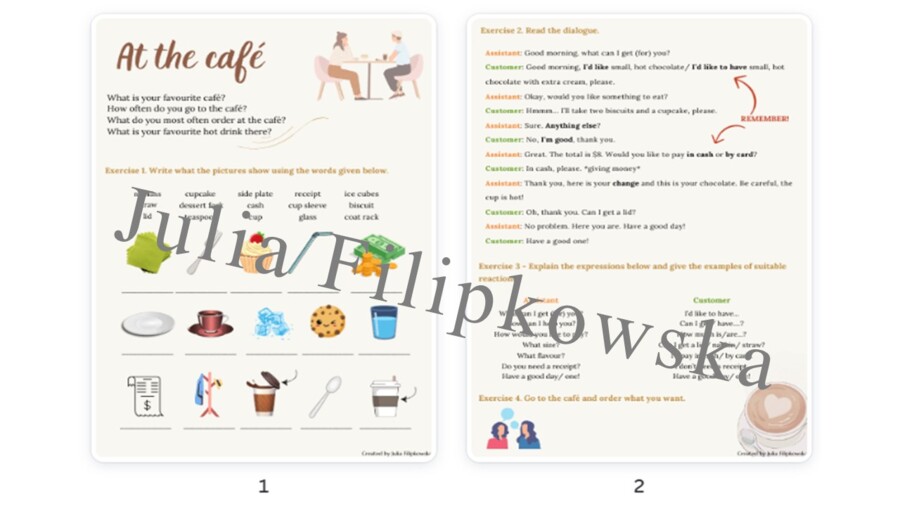Set of tasks/ Worksheet/ Tasks/ Speaking/vocabulary/ Classes 4-6/ Primary school 4-6/ Classes 4-8/ At the cafe/ Cafe/ Practical/ Ready-made lesson/Insieme di compiti/foglio di lavoro/compiti/parlare/vocabolario. Classi 4-6/ Scuola primaria 4-6/ Classi 4-