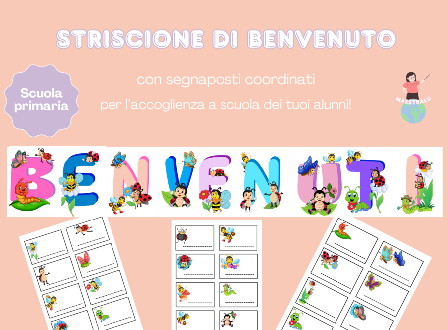 Striscione di Benvenuto e segnaposto a tema API, FARFALLE,BRUCHI E COCCINELLE