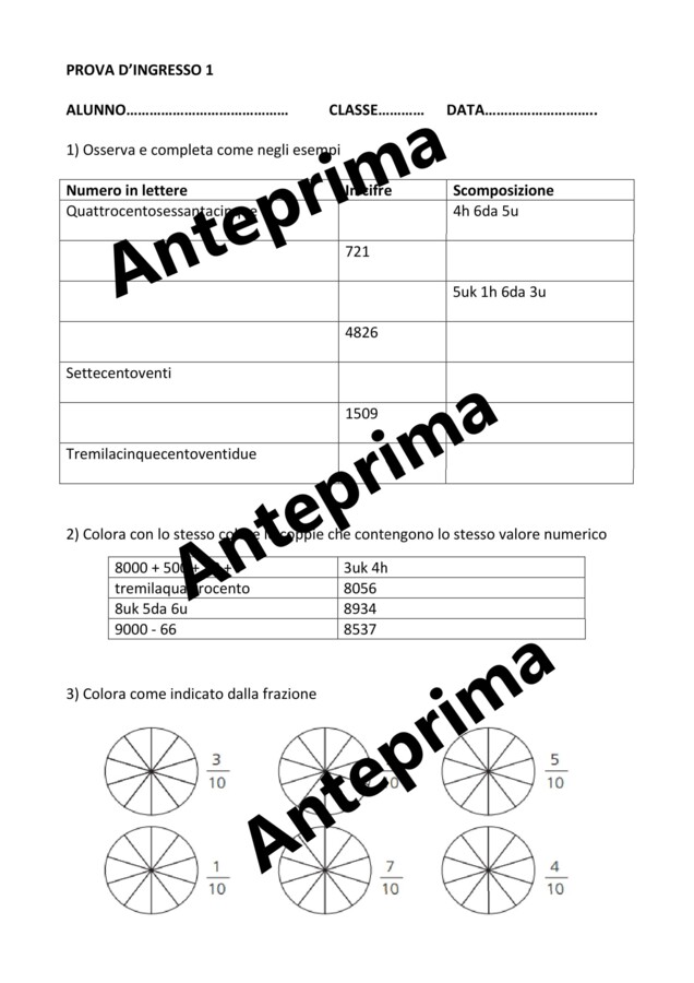 PROVE di INGRESSO MATEMATICA classe quarta