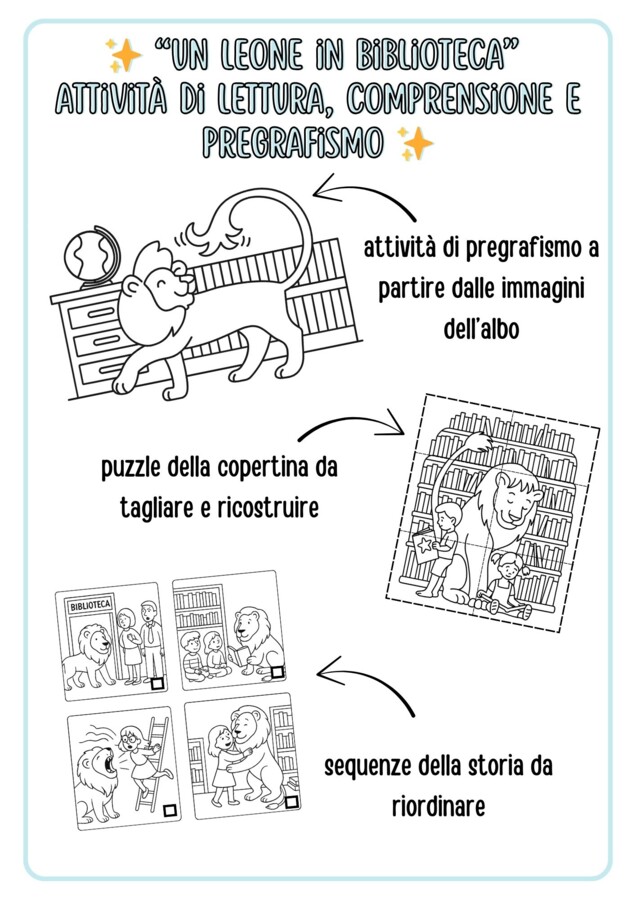"Un leone in biblioteca" – Attività di lettura, comprensione e pregrafismo