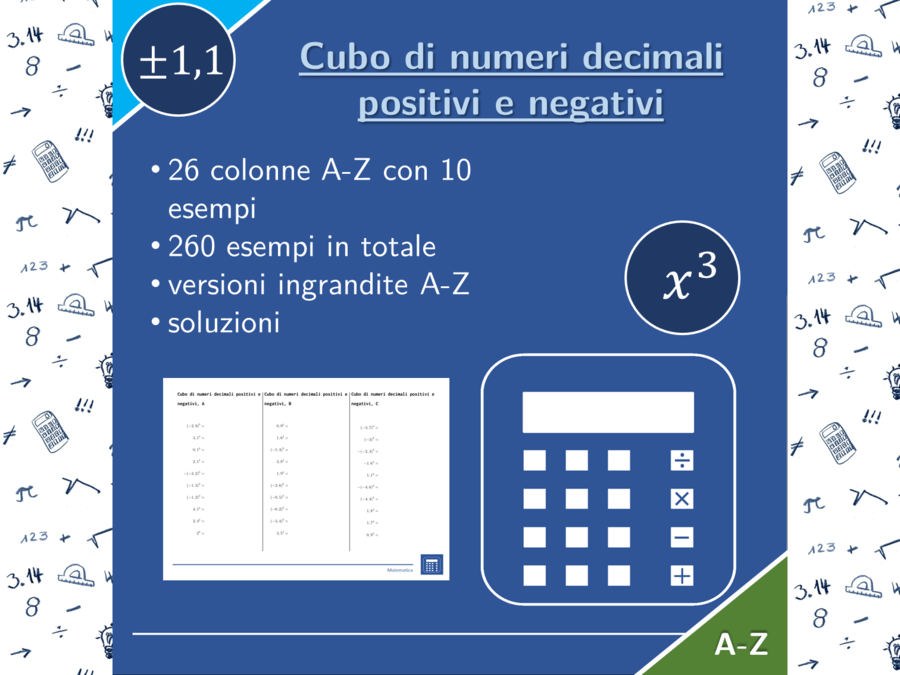 Cubo di numeri decimali positivi e negativi | matematica | 26 colonne
