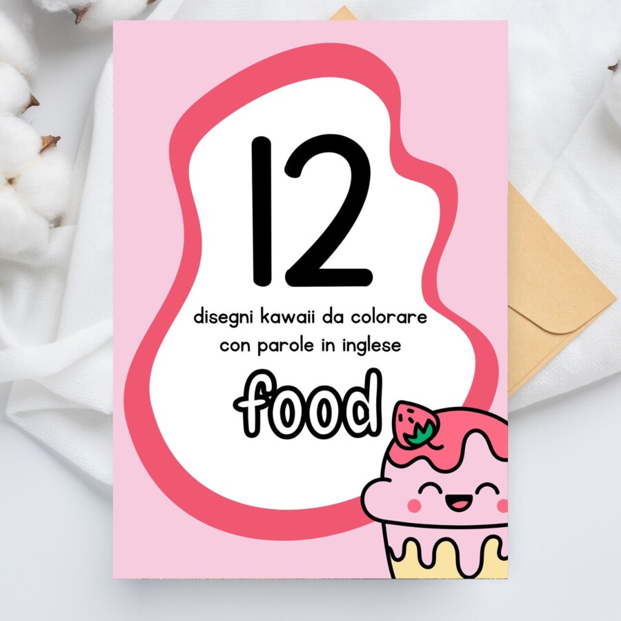 Disegni kawaii di cibo da colorare (con parole in inglese)