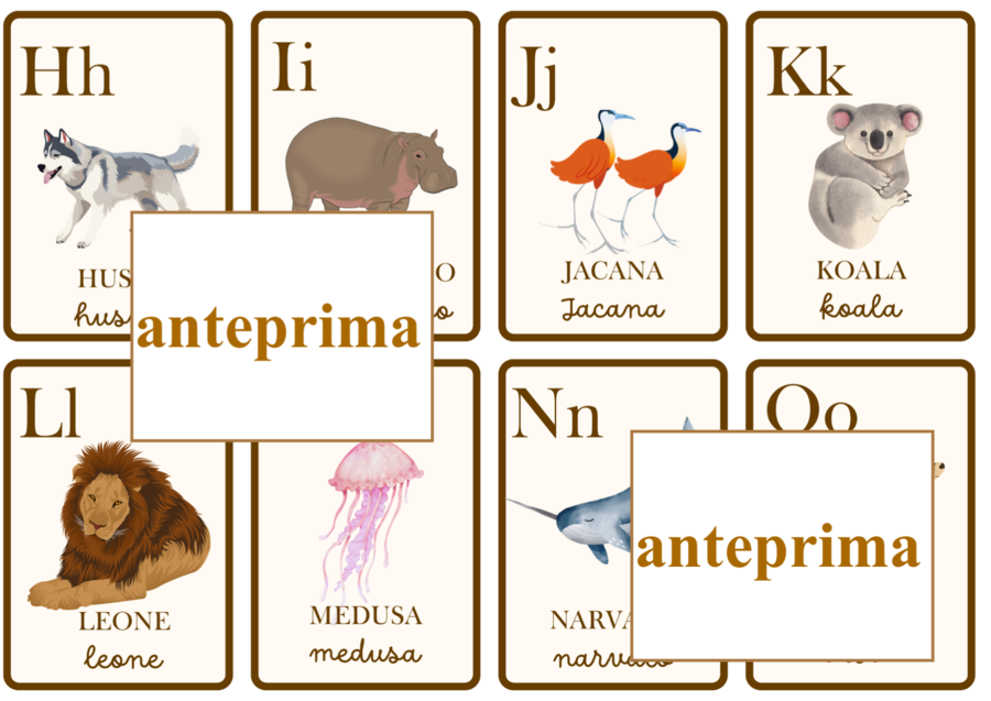 Carte dell'alfabeto degli animali con espansioni per leggere e per scrivere