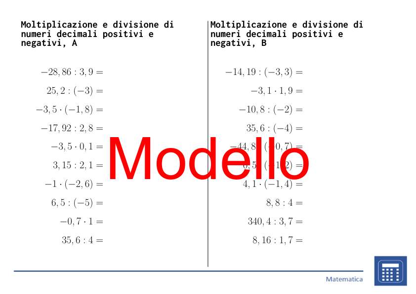 Moltiplicazione e divisione di numeri decimali positivi e negativi | matematica | 26 colonne