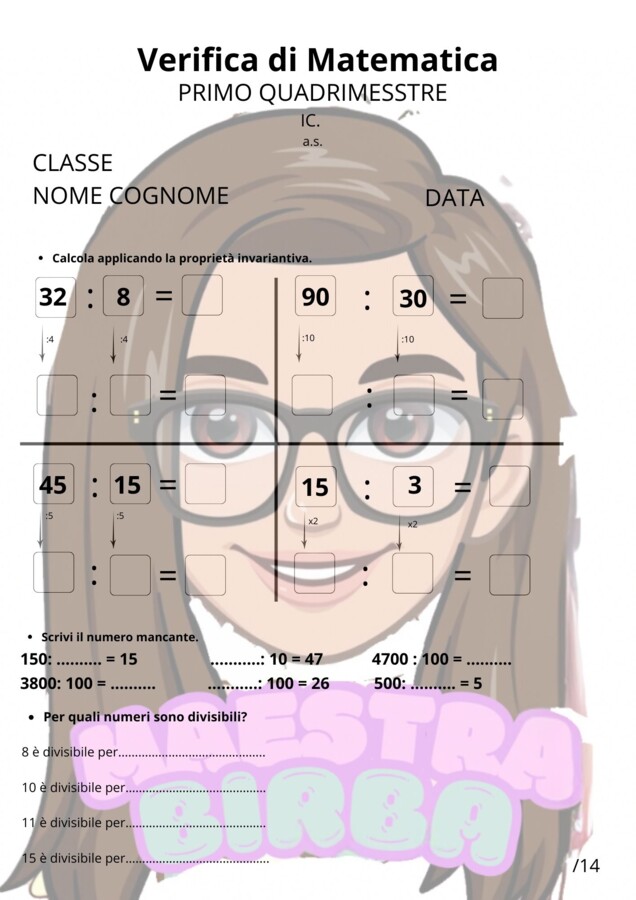 Verifica di matematica - divisioni e problemi Cl.3