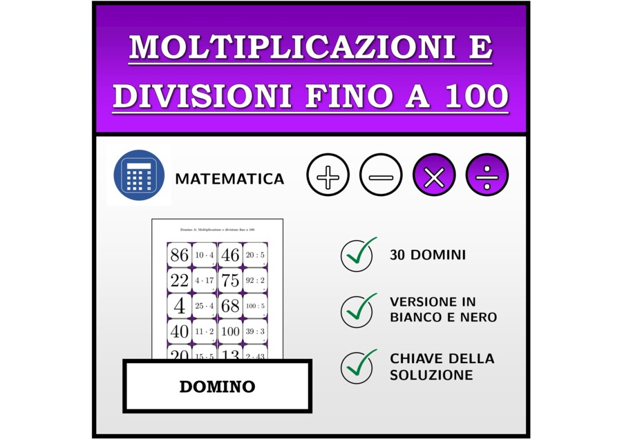Domino | Moltiplicazioni e divisioni fino a 100 | Attività Matematica