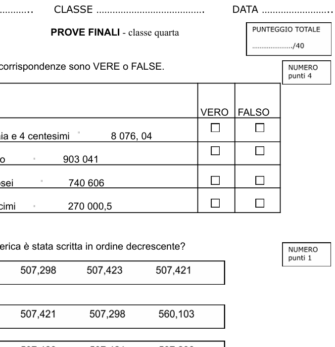 Verifiche finali matematica - Classe Quarta