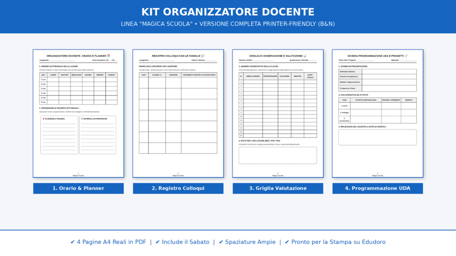 Kit Organizzatore Docente A4 - Planner, Colloqui, Valutazione e UDA (Versione B&N Printer-Friendly)