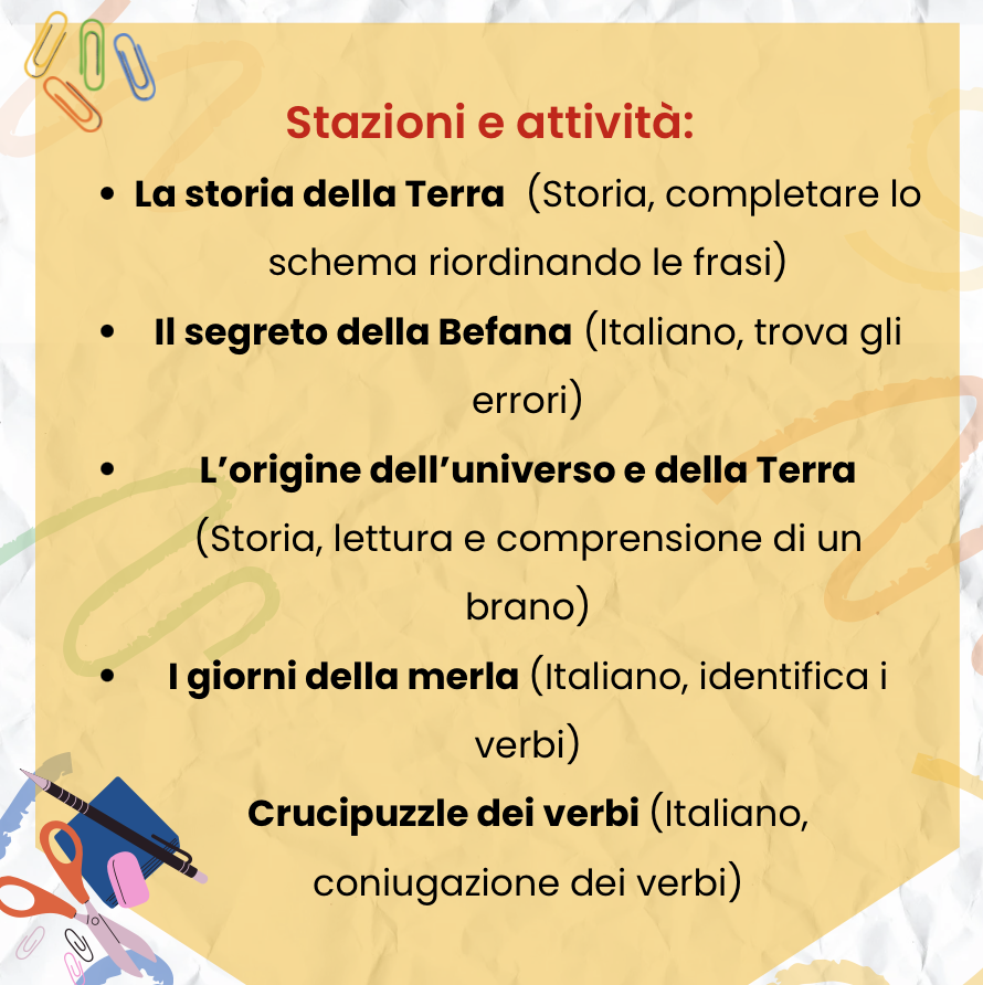 "Le Stazioni del Tempo: Verbi, Errori e Origini" - Didattica a stazioni storia e italiano classe terza