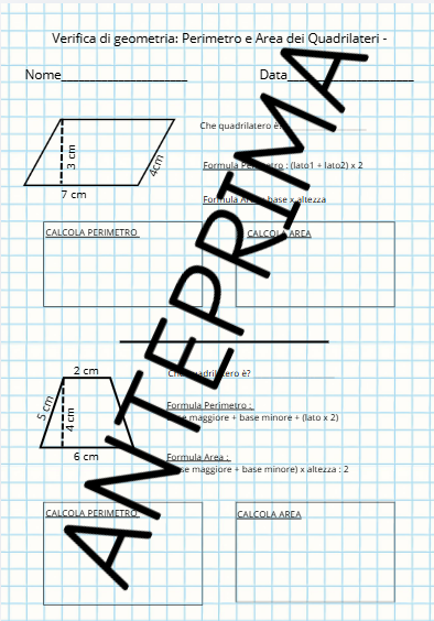VERIFICA DI GEOMETRIA CL.5 (PERIMETRO E AREA QUADRILATERI)