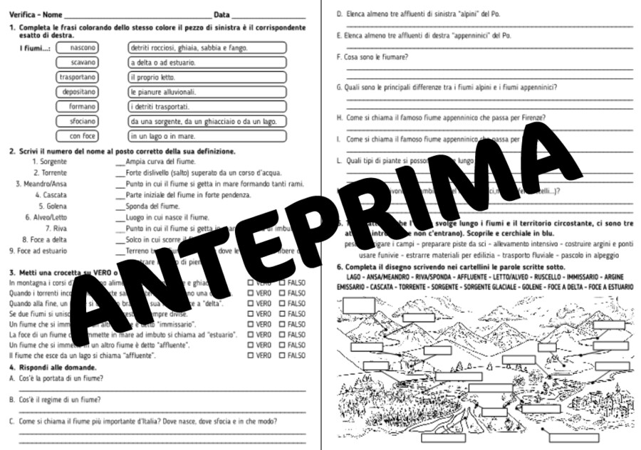 Verifica di geografia sui fiumi classe quarta - scuola primaria