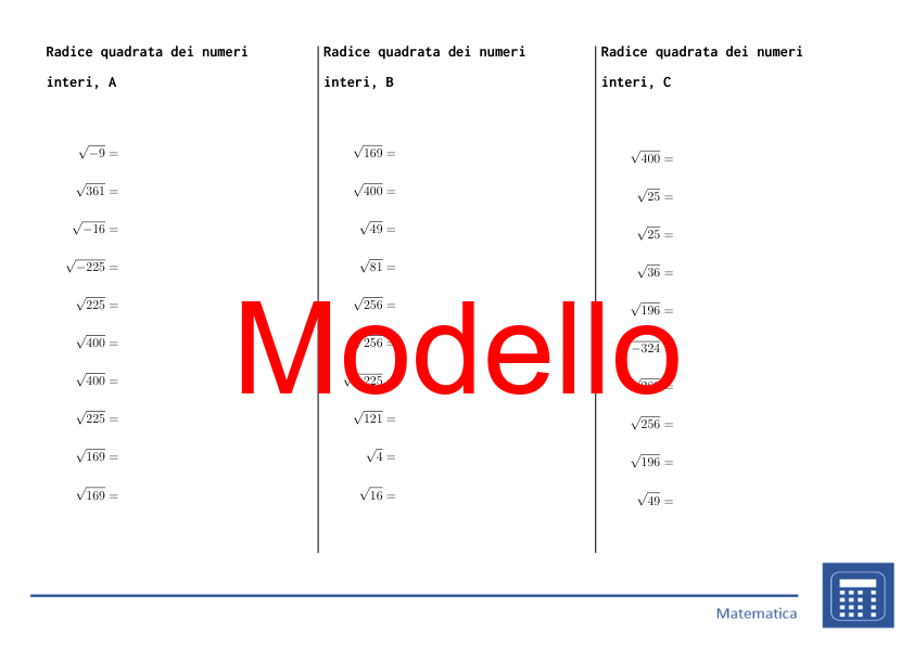 Radice quadrata dei numeri interi | matematica | 26 colonne