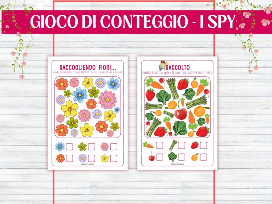Schede Primaverili Conteggio Matematica per Infanzia e Prima Elementare, Attività Numeri 1–10, Schede Didattiche Stampabili, giochi matematici, conta e collega, conta e colora, gioco I SPY, Early algebra, no prep, 5-6 anni,